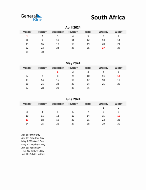 Printable Quarterly Calendar with Notes and South Africa Holidays- Q2 of 2024