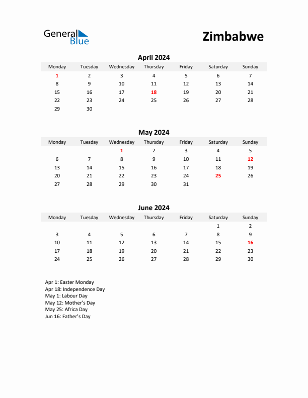 Printable Quarterly Calendar with Notes and Zimbabwe Holidays- Q2 of 2024