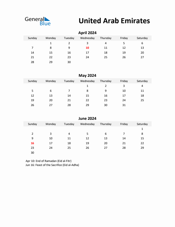 Printable Quarterly Calendar with Notes and United Arab Emirates Holidays- Q2 of 2024