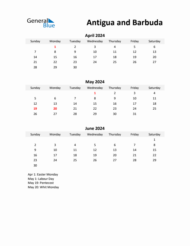 Printable Quarterly Calendar with Notes and Antigua and Barbuda Holidays- Q2 of 2024