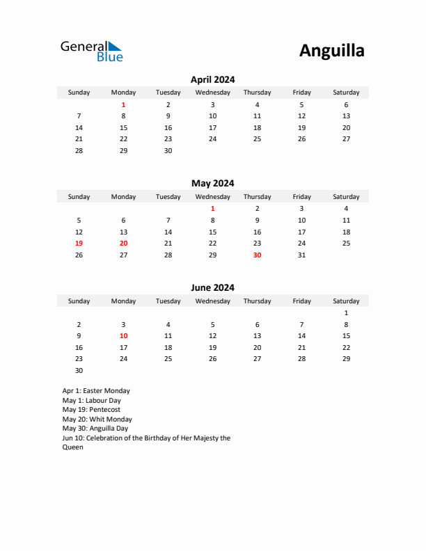 Printable Quarterly Calendar with Notes and Anguilla Holidays- Q2 of 2024