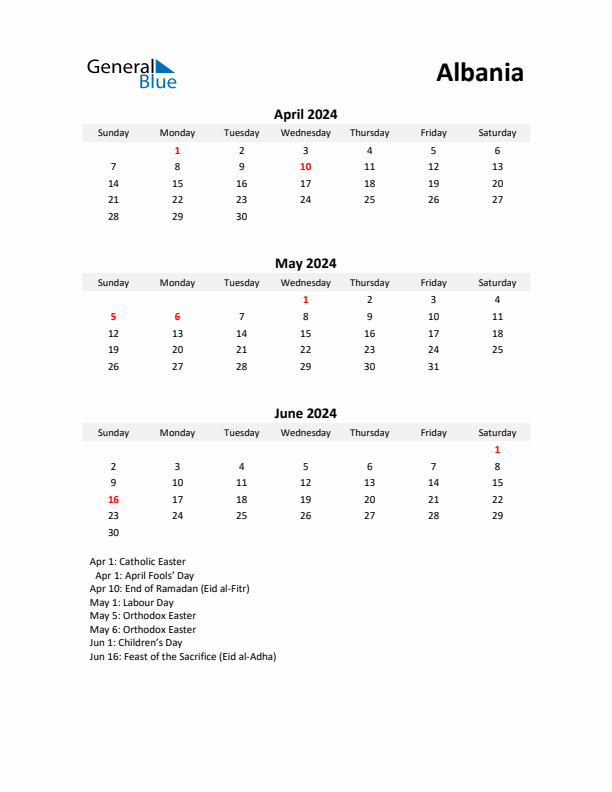 Printable Quarterly Calendar with Notes and Albania Holidays- Q2 of 2024