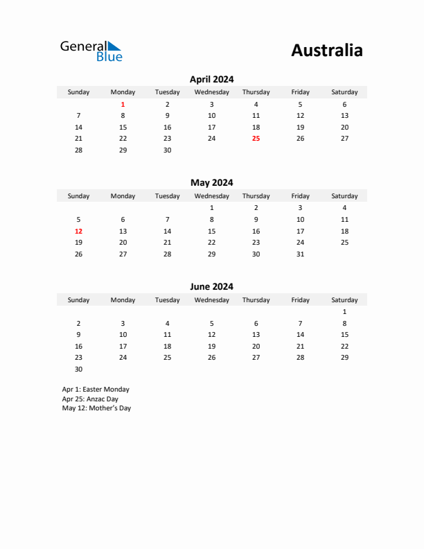 Printable Quarterly Calendar with Notes and Australia Holidays- Q2 of 2024