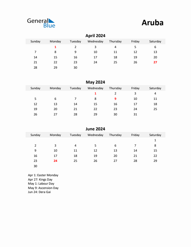 Printable Quarterly Calendar with Notes and Aruba Holidays- Q2 of 2024