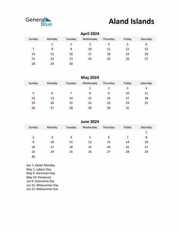 Printable Quarterly Calendar with Notes and Aland Islands Holidays- Q2 of 2024