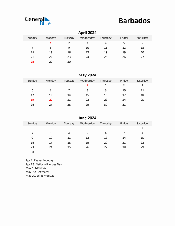 Printable Quarterly Calendar with Notes and Barbados Holidays- Q2 of 2024