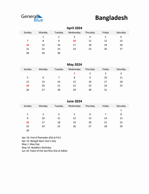 Printable Quarterly Calendar with Notes and Bangladesh Holidays- Q2 of 2024