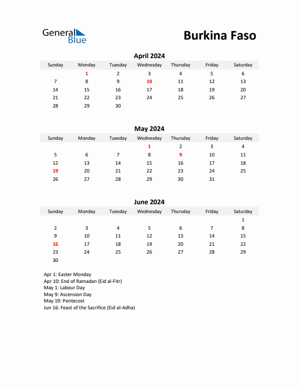 Printable Quarterly Calendar with Notes and Burkina Faso Holidays- Q2 of 2024