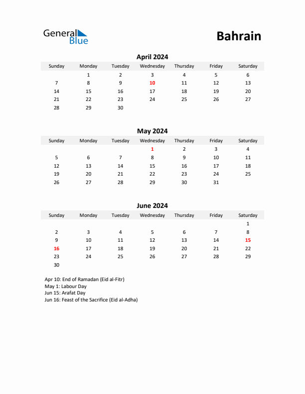 Printable Quarterly Calendar with Notes and Bahrain Holidays- Q2 of 2024