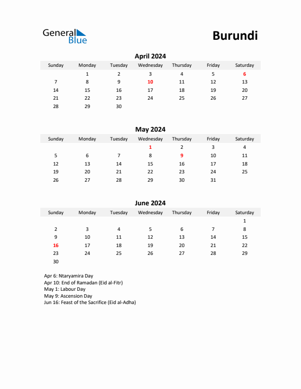 Printable Quarterly Calendar with Notes and Burundi Holidays- Q2 of 2024