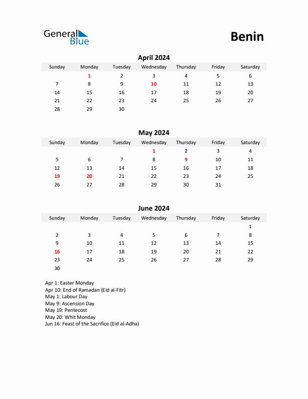 Printable Quarterly Calendar with Notes and Benin Holidays- Q2 of 2024