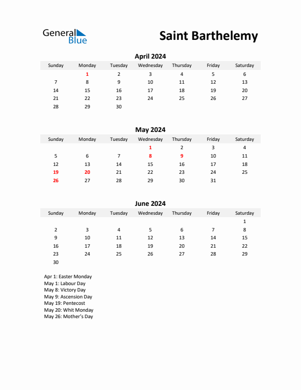 Printable Quarterly Calendar with Notes and Saint Barthelemy Holidays- Q2 of 2024