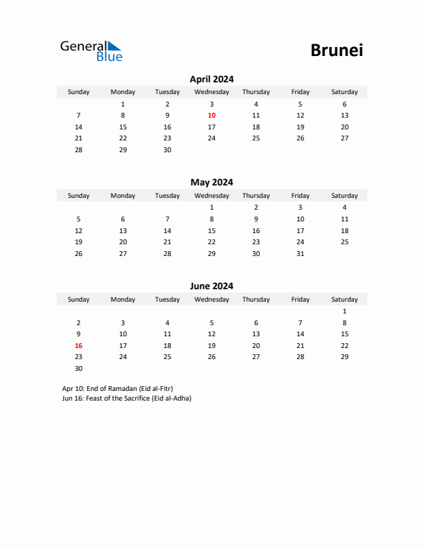 Printable Quarterly Calendar with Notes and Brunei Holidays- Q2 of 2024