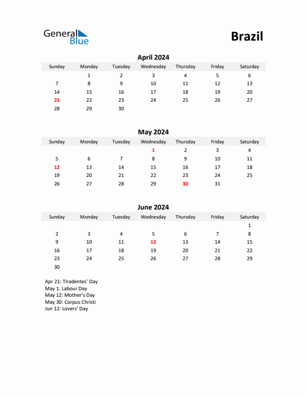 Printable Quarterly Calendar with Notes and Brazil Holidays- Q2 of 2024