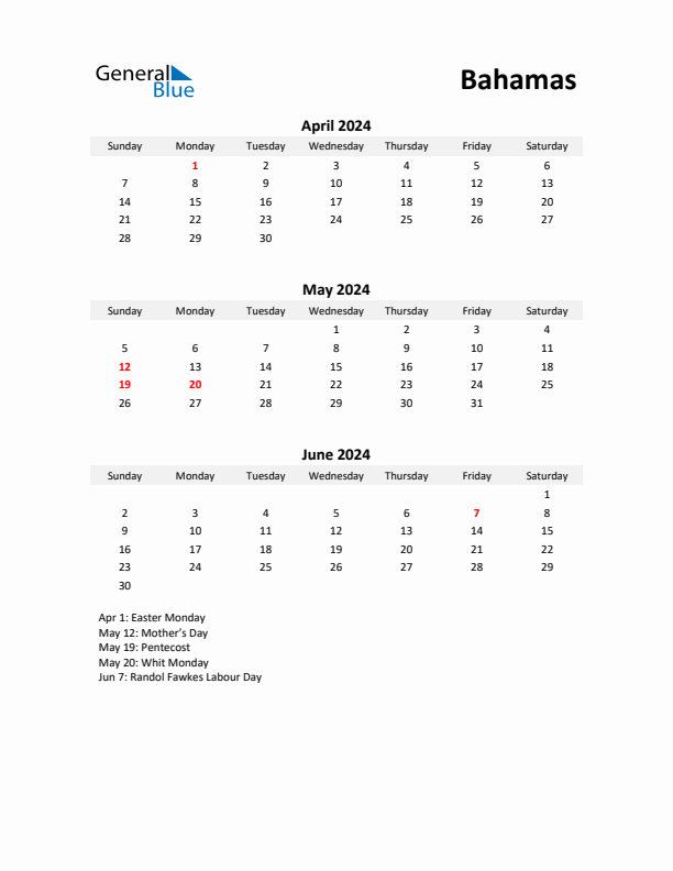 Printable Quarterly Calendar with Notes and Bahamas Holidays- Q2 of 2024