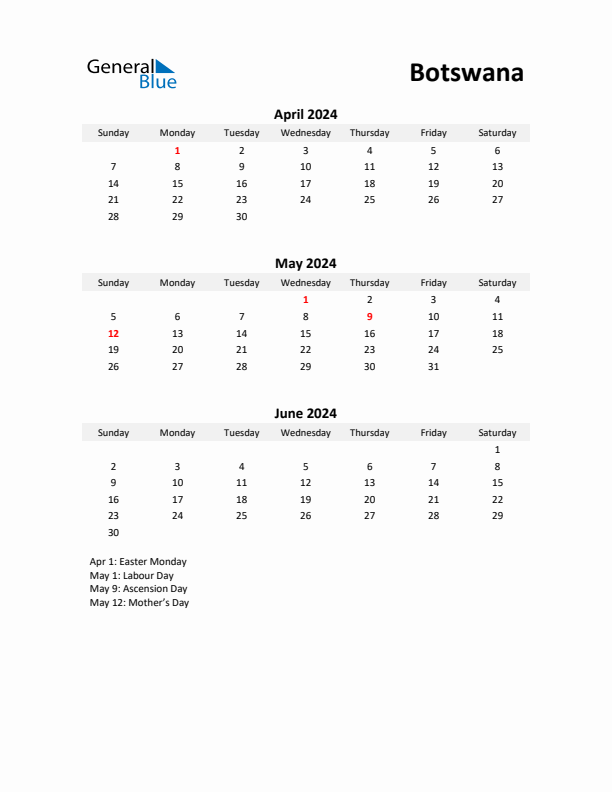 Printable Quarterly Calendar with Notes and Botswana Holidays- Q2 of 2024