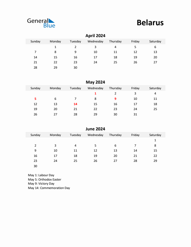 Printable Quarterly Calendar with Notes and Belarus Holidays- Q2 of 2024