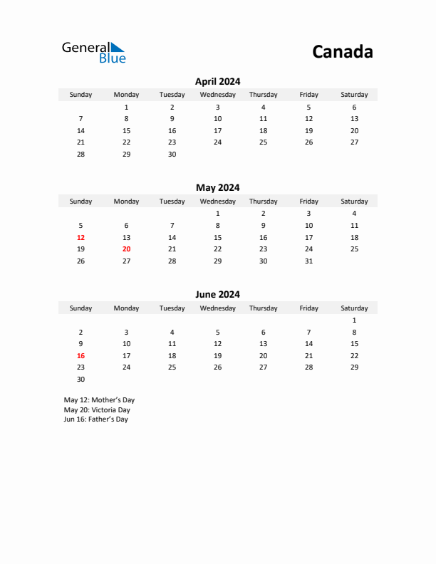 Printable Quarterly Calendar with Notes and Canada Holidays- Q2 of 2024