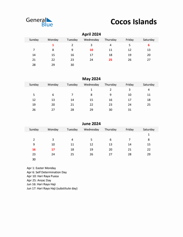 Printable Quarterly Calendar with Notes and Cocos Islands Holidays- Q2 of 2024