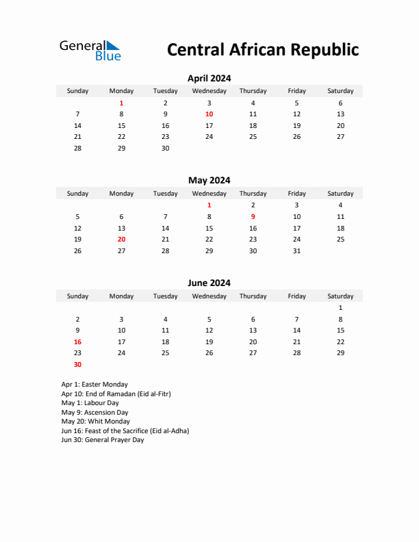 Printable Quarterly Calendar with Notes and Central African Republic Holidays- Q2 of 2024