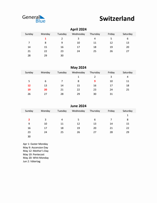 Printable Quarterly Calendar with Notes and Switzerland Holidays- Q2 of 2024