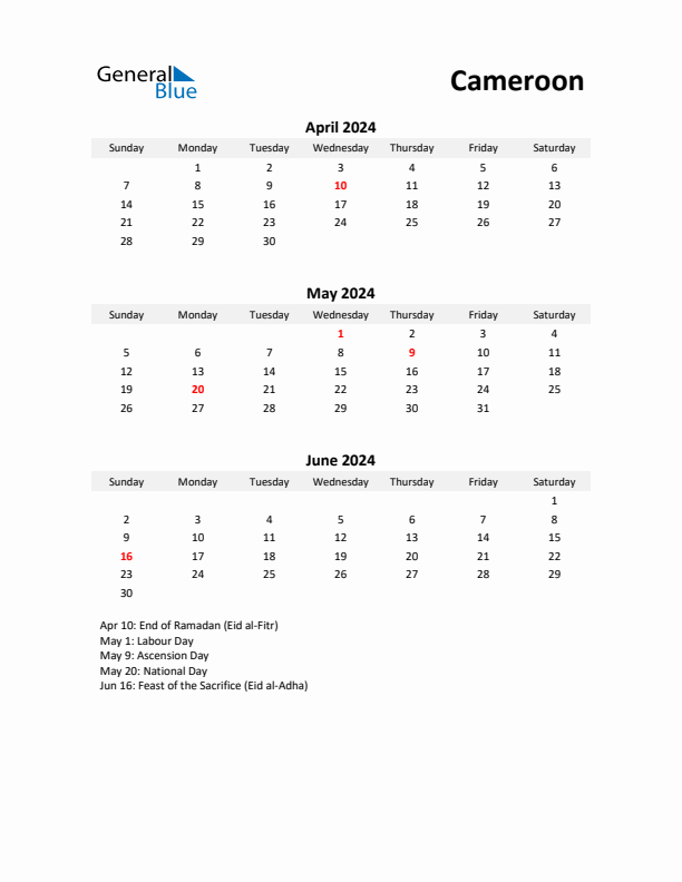 Printable Quarterly Calendar with Notes and Cameroon Holidays- Q2 of 2024