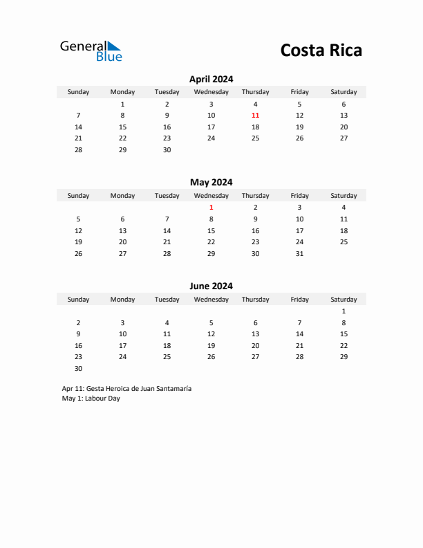 Printable Quarterly Calendar with Notes and Costa Rica Holidays- Q2 of 2024