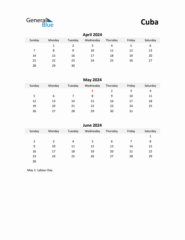 Printable Quarterly Calendar with Notes and Cuba Holidays- Q2 of 2024