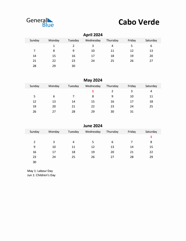 Printable Quarterly Calendar with Notes and Cabo Verde Holidays- Q2 of 2024