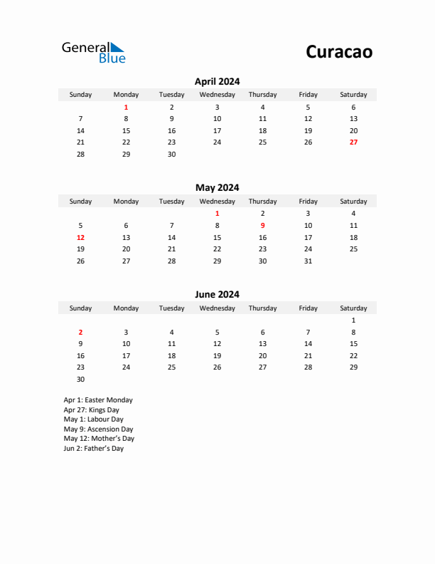 Printable Quarterly Calendar with Notes and Curacao Holidays- Q2 of 2024