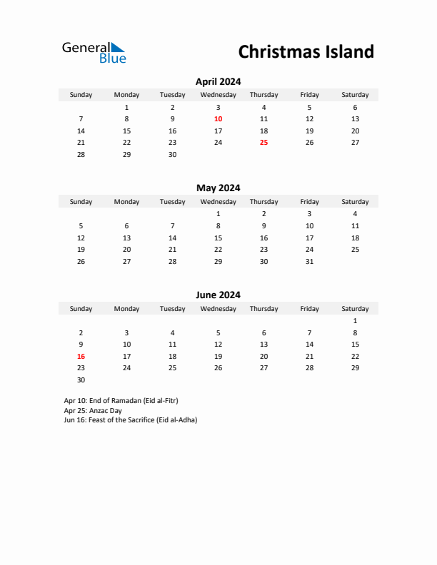 Printable Quarterly Calendar with Notes and Christmas Island Holidays- Q2 of 2024