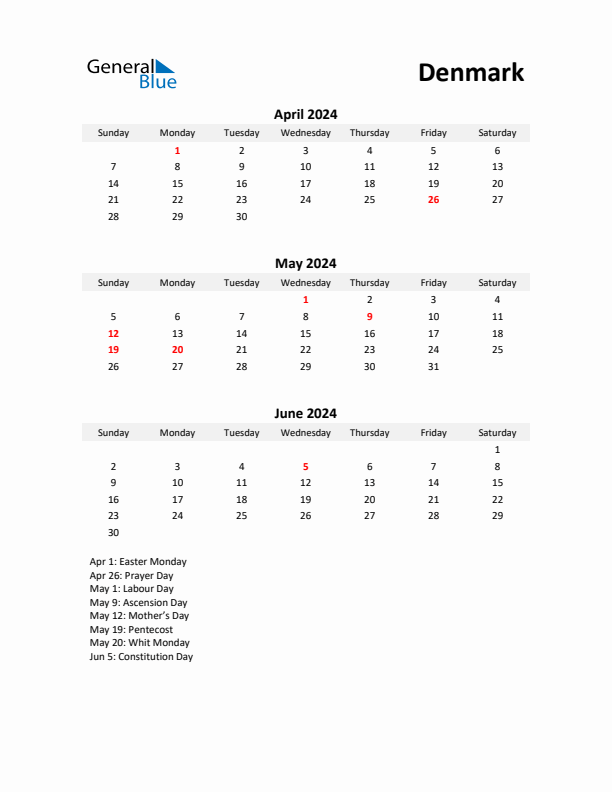 Printable Quarterly Calendar with Notes and Denmark Holidays- Q2 of 2024