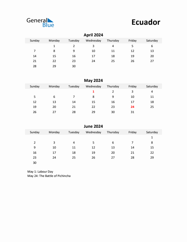 Printable Quarterly Calendar with Notes and Ecuador Holidays- Q2 of 2024