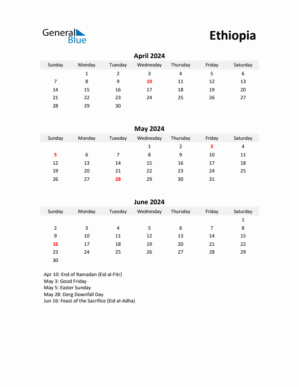 Printable Quarterly Calendar with Notes and Ethiopia Holidays- Q2 of 2024