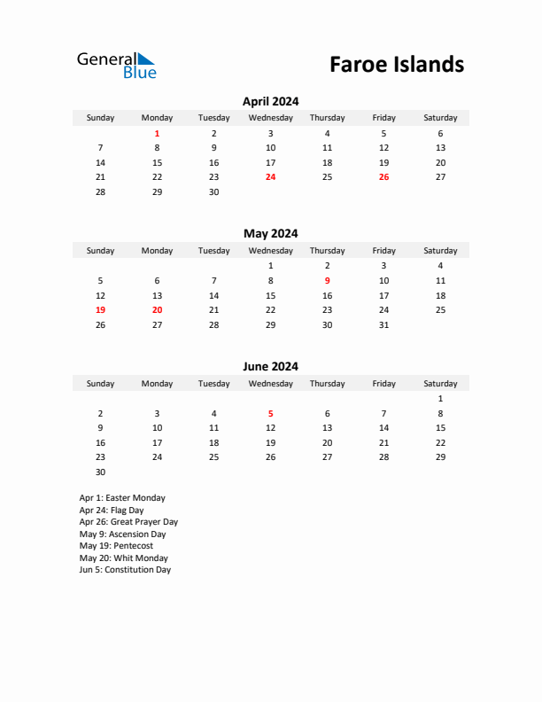 Printable Quarterly Calendar with Notes and Faroe Islands Holidays- Q2 of 2024