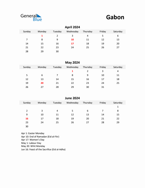 Printable Quarterly Calendar with Notes and Gabon Holidays- Q2 of 2024