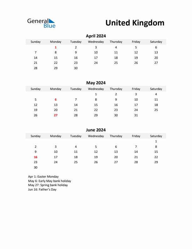 Printable Quarterly Calendar with Notes and United Kingdom Holidays- Q2 of 2024