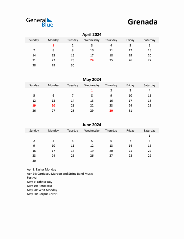 Printable Quarterly Calendar with Notes and Grenada Holidays- Q2 of 2024