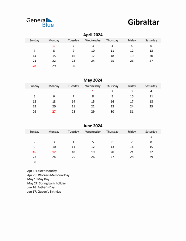 Printable Quarterly Calendar with Notes and Gibraltar Holidays- Q2 of 2024