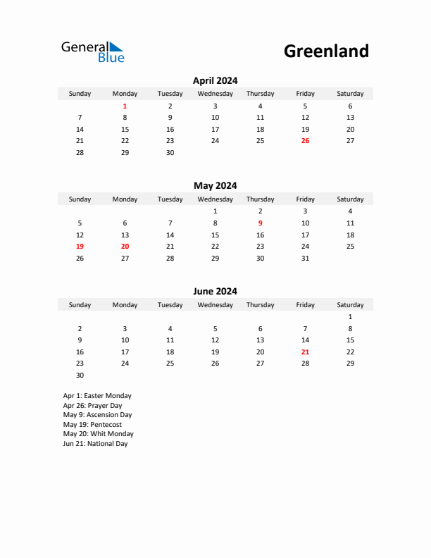 Printable Quarterly Calendar with Notes and Greenland Holidays- Q2 of 2024