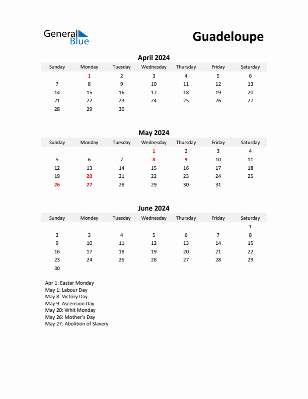 Printable Quarterly Calendar with Notes and Guadeloupe Holidays- Q2 of 2024