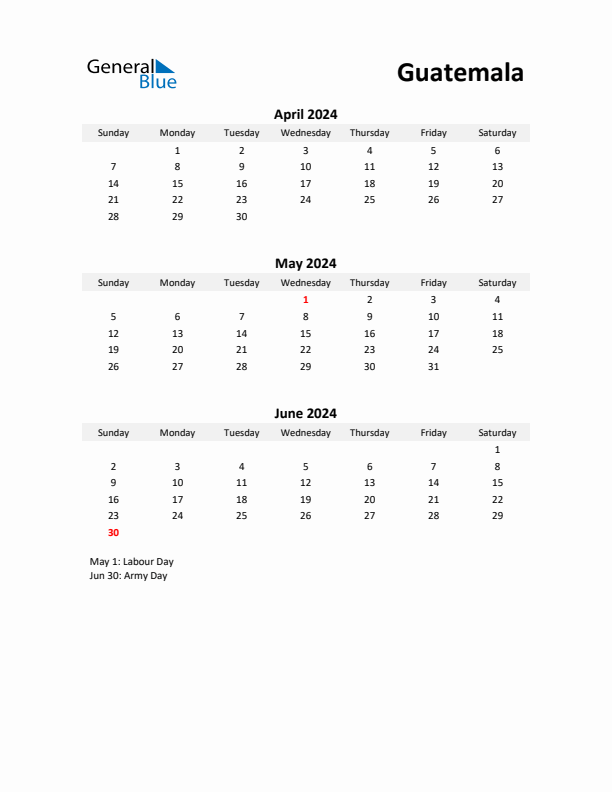 Printable Quarterly Calendar with Notes and Guatemala Holidays- Q2 of 2024