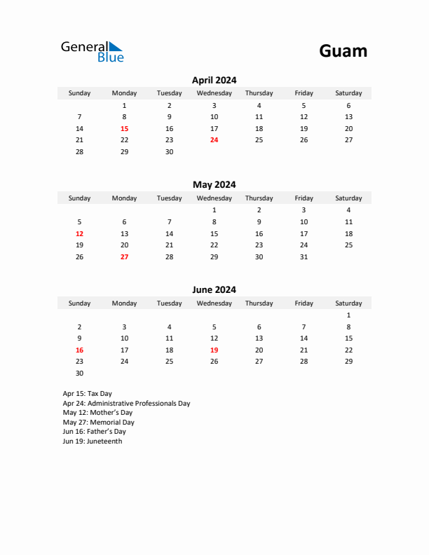 Printable Quarterly Calendar with Notes and Guam Holidays- Q2 of 2024