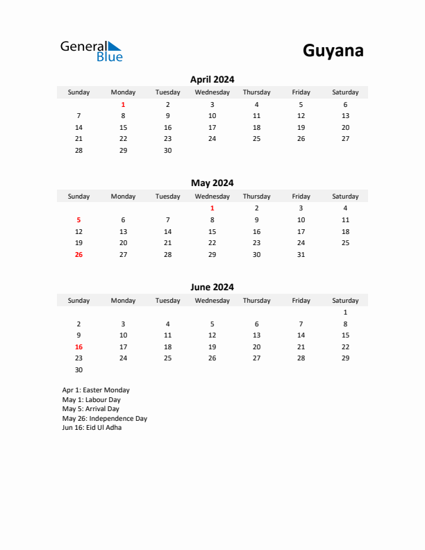 Printable Quarterly Calendar with Notes and Guyana Holidays- Q2 of 2024