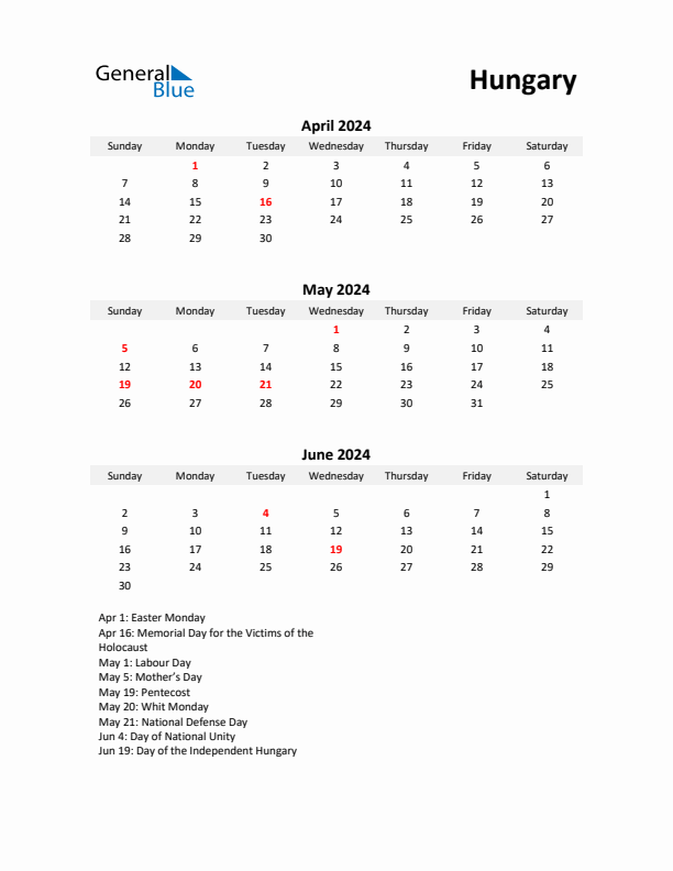 Printable Quarterly Calendar with Notes and Hungary Holidays- Q2 of 2024