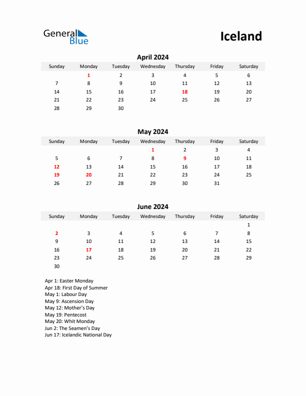 Printable Quarterly Calendar with Notes and Iceland Holidays- Q2 of 2024