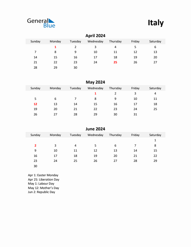 Printable Quarterly Calendar with Notes and Italy Holidays- Q2 of 2024