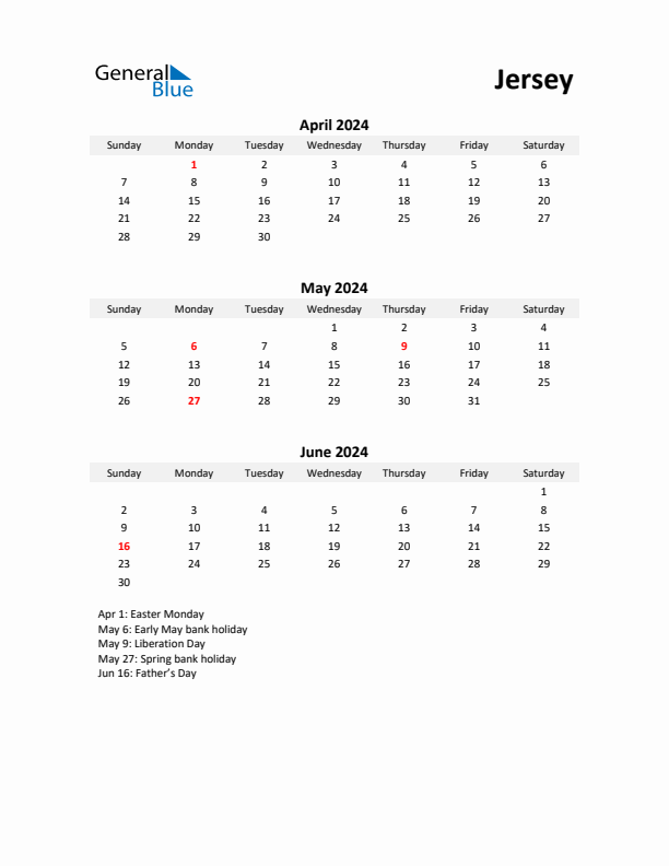 Printable Quarterly Calendar with Notes and Jersey Holidays- Q2 of 2024