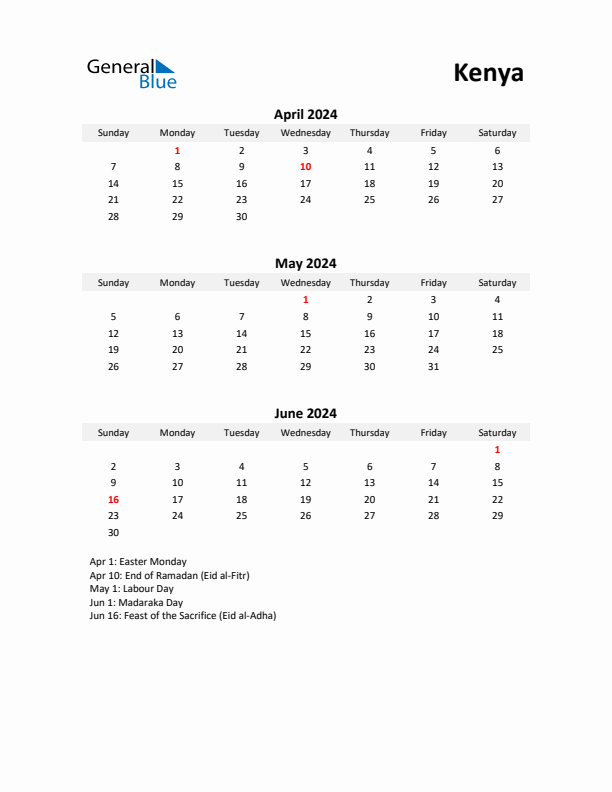 Printable Quarterly Calendar with Notes and Kenya Holidays- Q2 of 2024