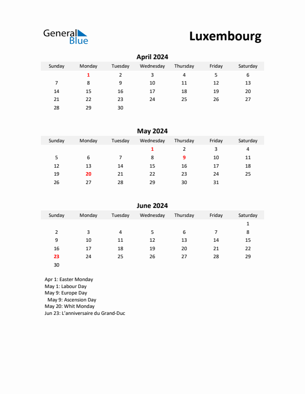 Printable Quarterly Calendar with Notes and Luxembourg Holidays- Q2 of 2024